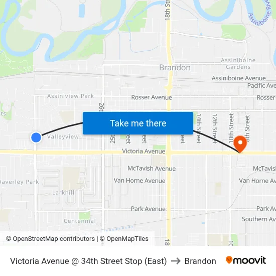 Victoria Avenue @ 34th Street Stop (East) to Brandon map