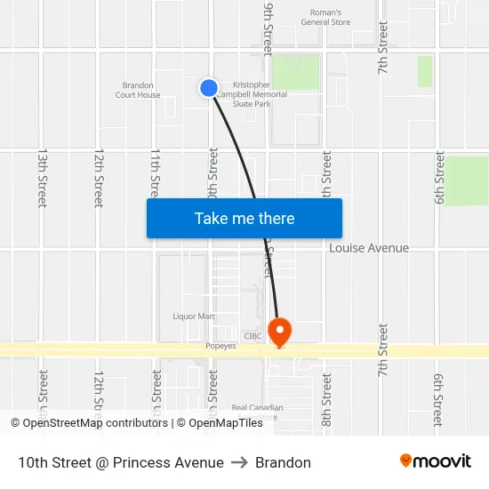10th Street @ Princess Avenue to Brandon map