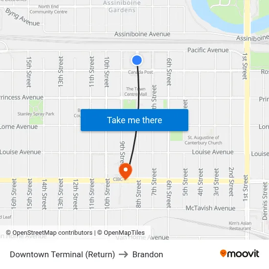 Downtown Terminal (Return) to Brandon map