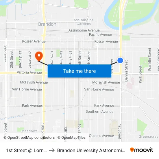 1st Street @ Lorne Avenue to Brandon University Astronomical Observatory map