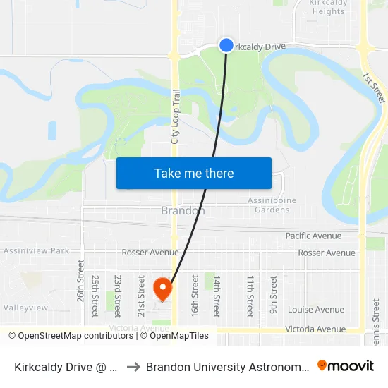 Kirkcaldy Drive @ Fraser Cres to Brandon University Astronomical Observatory map