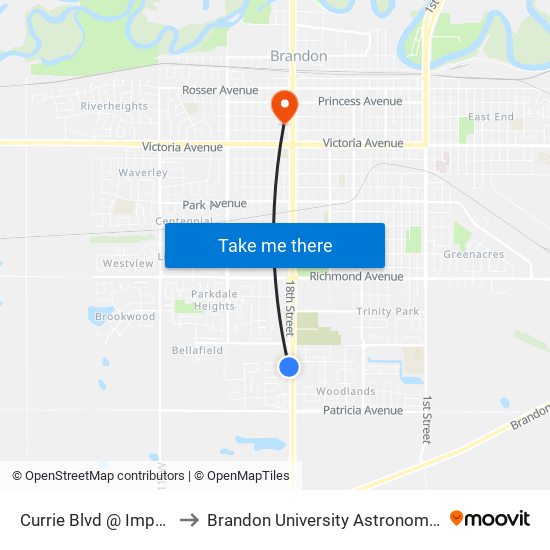 Currie Blvd @ Imperial Square to Brandon University Astronomical Observatory map