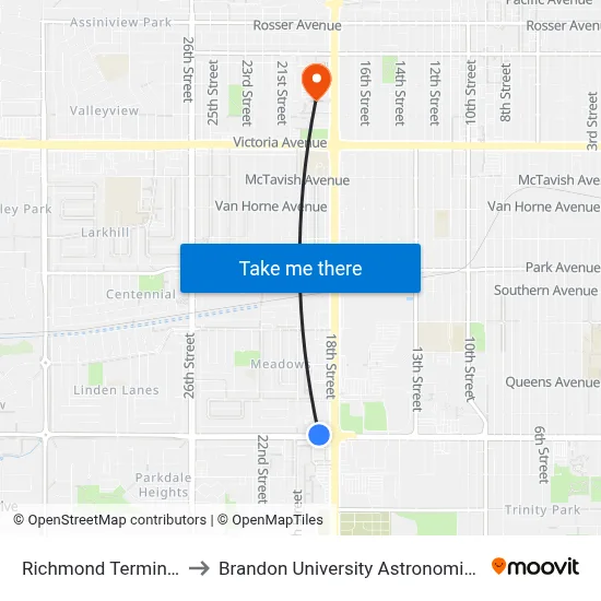 Richmond Terminal (North) to Brandon University Astronomical Observatory map
