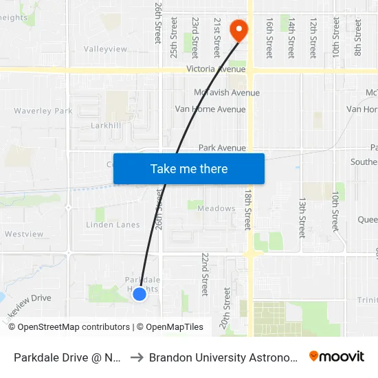 Parkdale Drive @ Neepawa Drive to Brandon University Astronomical Observatory map