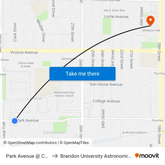 Park Avenue @ Christie Bay to Brandon University Astronomical Observatory map