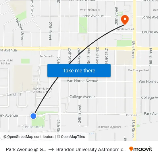 Park Avenue @ Grant Blvd to Brandon University Astronomical Observatory map