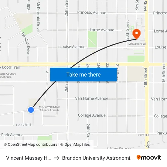 Vincent Massey High School to Brandon University Astronomical Observatory map