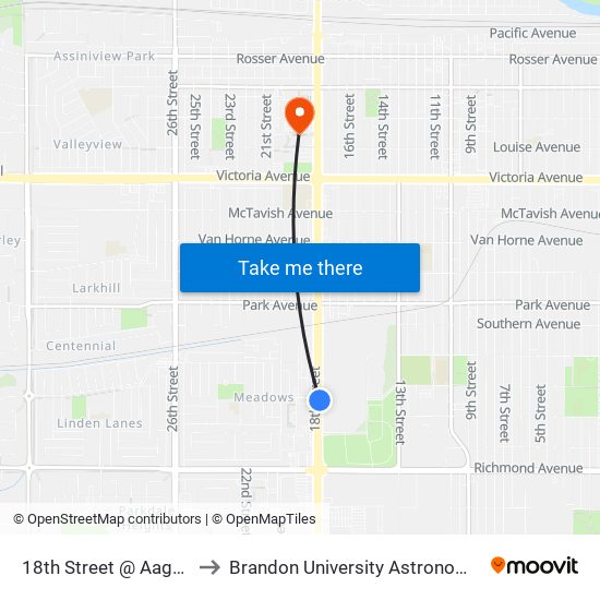 18th Street @ Aagaard Avenue to Brandon University Astronomical Observatory map