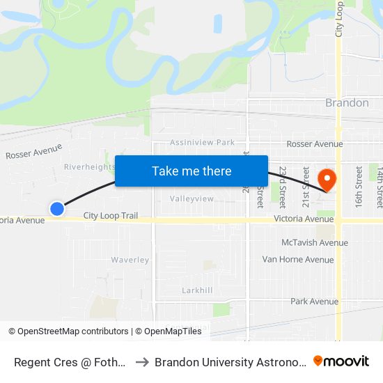 Regent Cres @ Fotheringham Drive to Brandon University Astronomical Observatory map