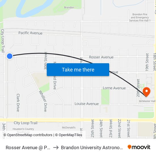 Rosser Avenue @ Patmore Drive to Brandon University Astronomical Observatory map