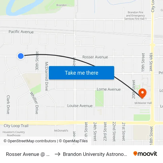 Rosser Avenue @ Whillier Drive to Brandon University Astronomical Observatory map