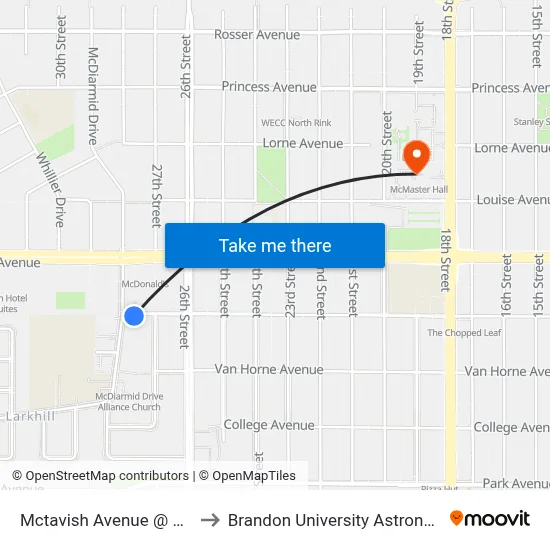 Mctavish Avenue @ Mcdiarmid Drive to Brandon University Astronomical Observatory map