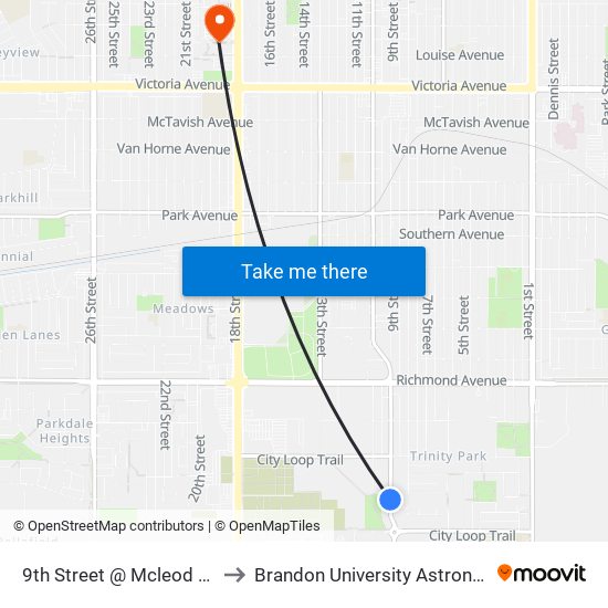 9th Street @ Mcleod Drive (East Side) to Brandon University Astronomical Observatory map