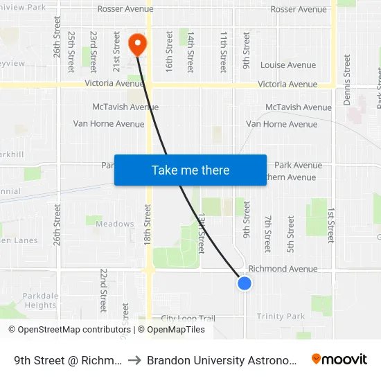 9th Street @ Richmond Avenue to Brandon University Astronomical Observatory map