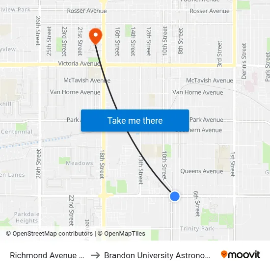 Richmond Avenue @ 9th Street to Brandon University Astronomical Observatory map