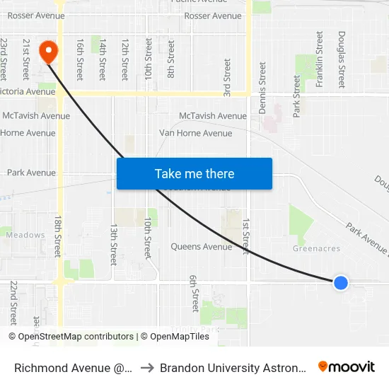 Richmond Avenue @ Douglas Street to Brandon University Astronomical Observatory map