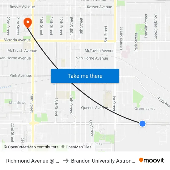 Richmond Avenue @ Elderwood Drive to Brandon University Astronomical Observatory map