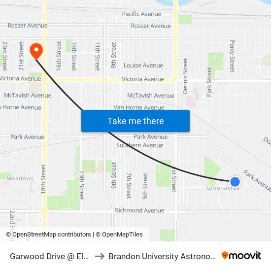 Garwood Drive @ Elderwood Cres to Brandon University Astronomical Observatory map