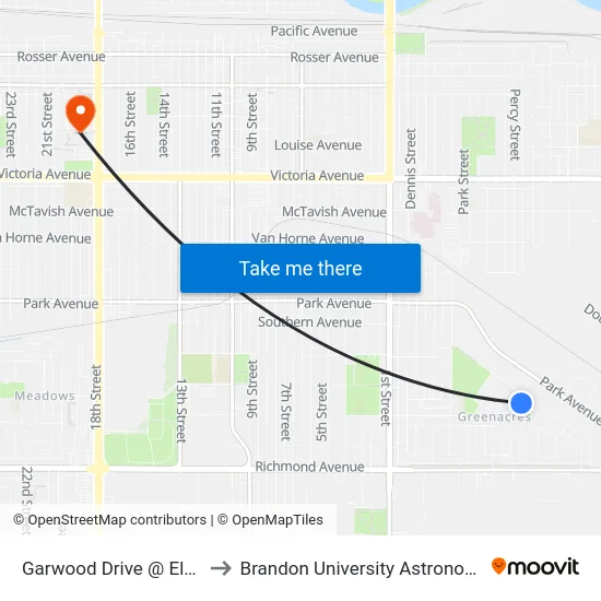 Garwood Drive @ Elderwood Cres to Brandon University Astronomical Observatory map