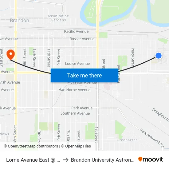 Lorne Avenue East @ 13th Street East to Brandon University Astronomical Observatory map