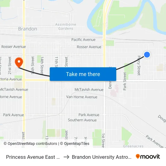 Princess Avenue East @ 10th Street East to Brandon University Astronomical Observatory map