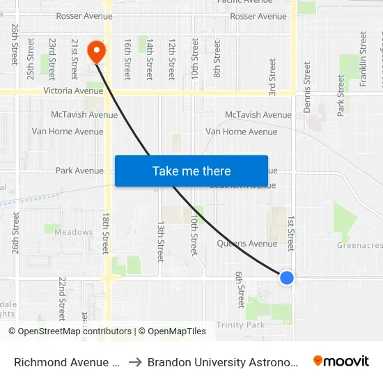 Richmond Avenue @ 1st Street to Brandon University Astronomical Observatory map