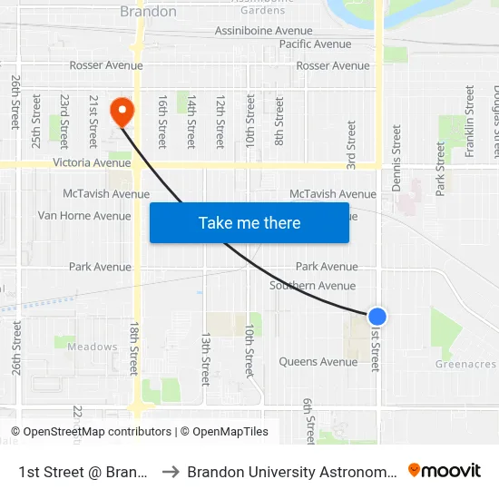 1st Street @ Brandon Avenue to Brandon University Astronomical Observatory map