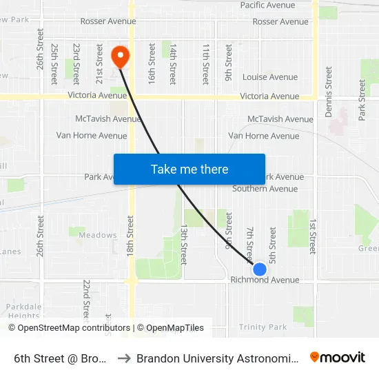 6th Street @ Brock Avenue to Brandon University Astronomical Observatory map