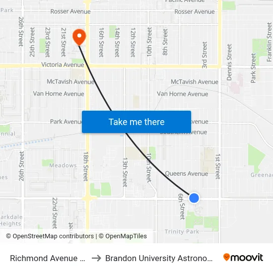 Richmond Avenue @ 4th Street to Brandon University Astronomical Observatory map