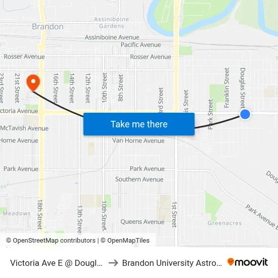 Victoria Ave E @ Douglas Ave (South Side) to Brandon University Astronomical Observatory map