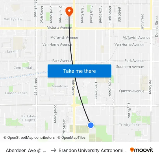 Aberdeen Ave @ 14th Street to Brandon University Astronomical Observatory map
