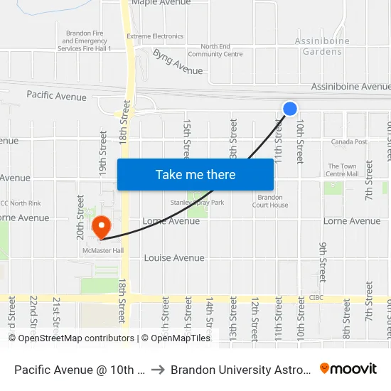 Pacific Avenue @ 10th Street (North Side) to Brandon University Astronomical Observatory map