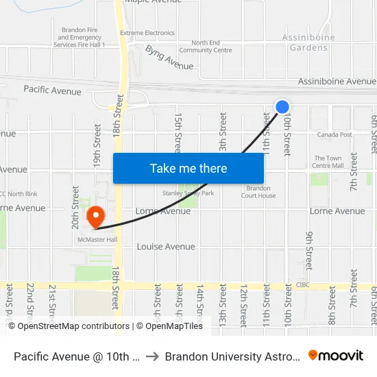 Pacific Avenue @ 10th Street (South Side) to Brandon University Astronomical Observatory map
