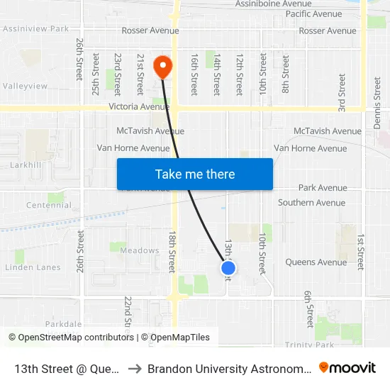 13th Street @ Queens Avenue to Brandon University Astronomical Observatory map