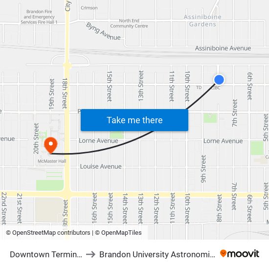 Downtown Terminal - Stop C to Brandon University Astronomical Observatory map