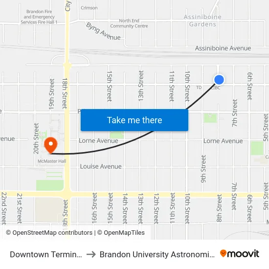 Downtown Terminal - Stop C to Brandon University Astronomical Observatory map