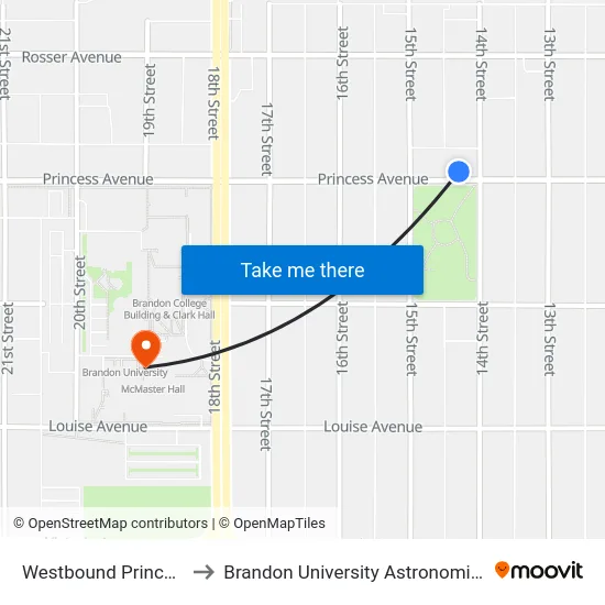 Westbound Princess at 14th to Brandon University Astronomical Observatory map