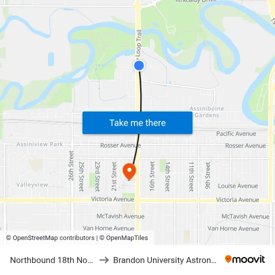 Northbound 18th North at Mcgregor to Brandon University Astronomical Observatory map