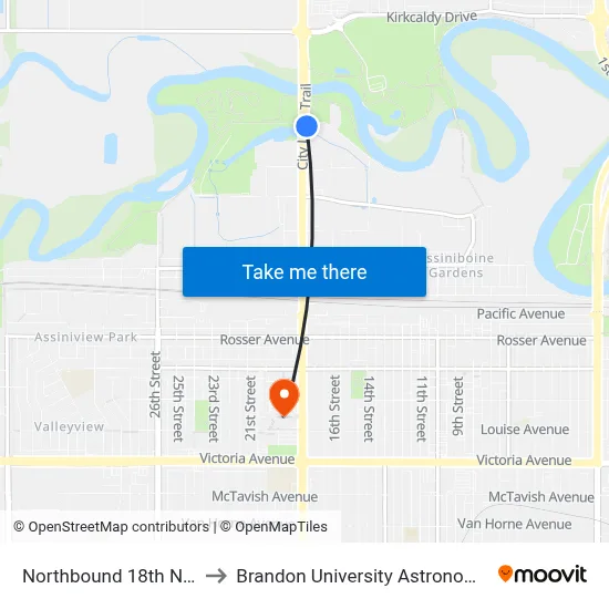 Northbound 18th North at John to Brandon University Astronomical Observatory map