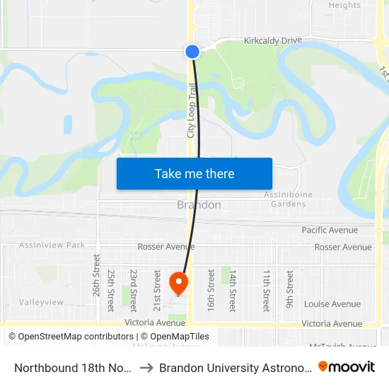 Northbound 18th North at Kirkcaldy to Brandon University Astronomical Observatory map