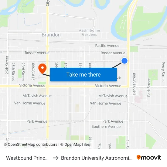 Westbound Princess at 2nd to Brandon University Astronomical Observatory map
