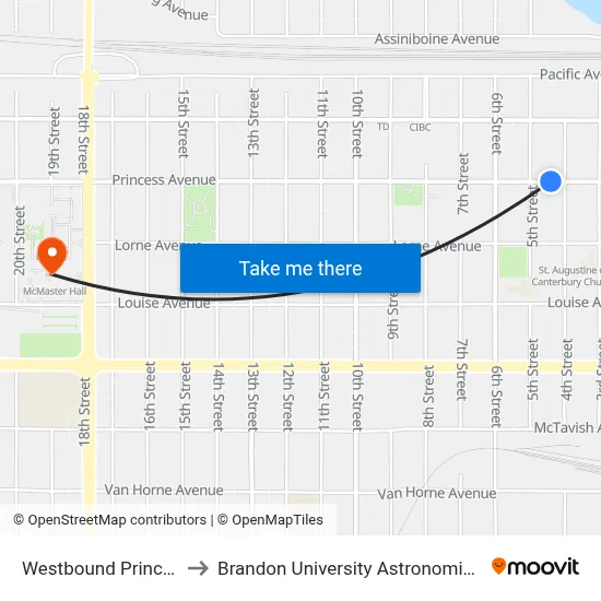 Westbound Princess at 4th to Brandon University Astronomical Observatory map