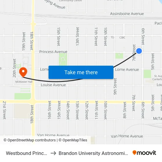 Westbound Princess at 6th to Brandon University Astronomical Observatory map