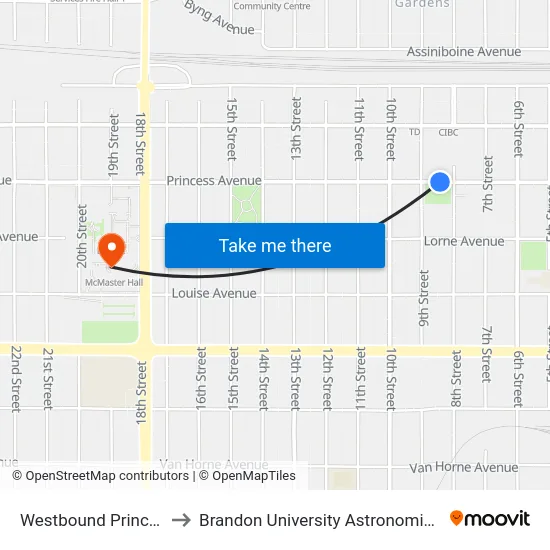 Westbound Princess at 8th to Brandon University Astronomical Observatory map