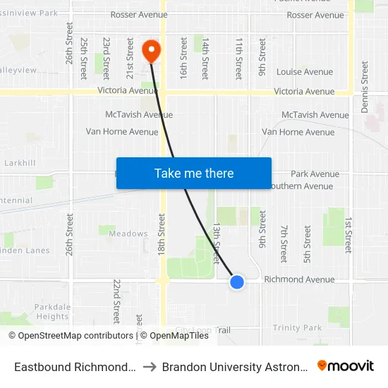 Eastbound Richmond at Ottawa West to Brandon University Astronomical Observatory map