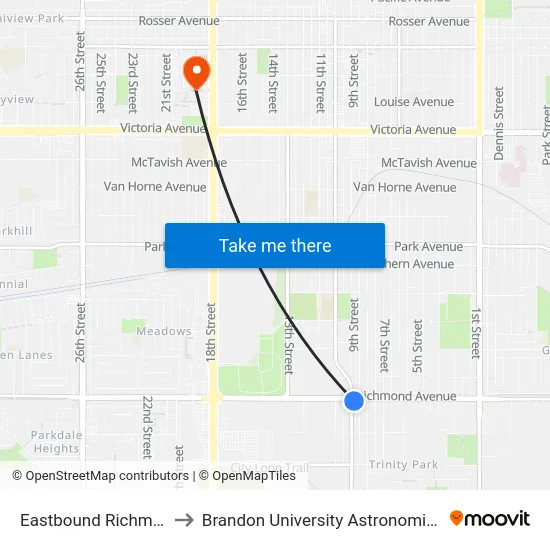 Eastbound Richmond at 9th to Brandon University Astronomical Observatory map