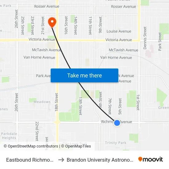 Eastbound Richmond at 6th East to Brandon University Astronomical Observatory map