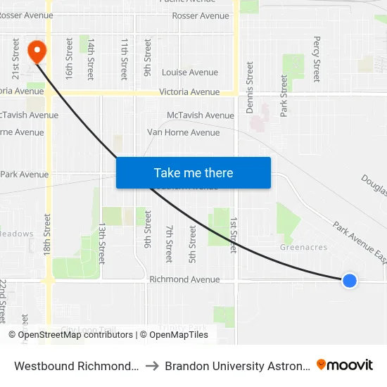 Westbound Richmond East at Garwood to Brandon University Astronomical Observatory map