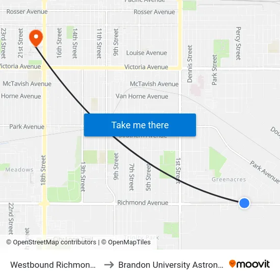 Westbound Richmond East at Douglas to Brandon University Astronomical Observatory map