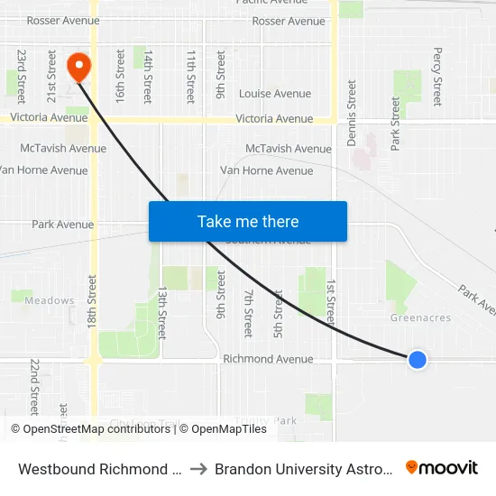 Westbound Richmond East at Elderwood to Brandon University Astronomical Observatory map